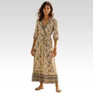 Knox Rose Floral Maxi Dress XXL Cream Blue Boho Cottagecore V-Neck Rayon Longlin